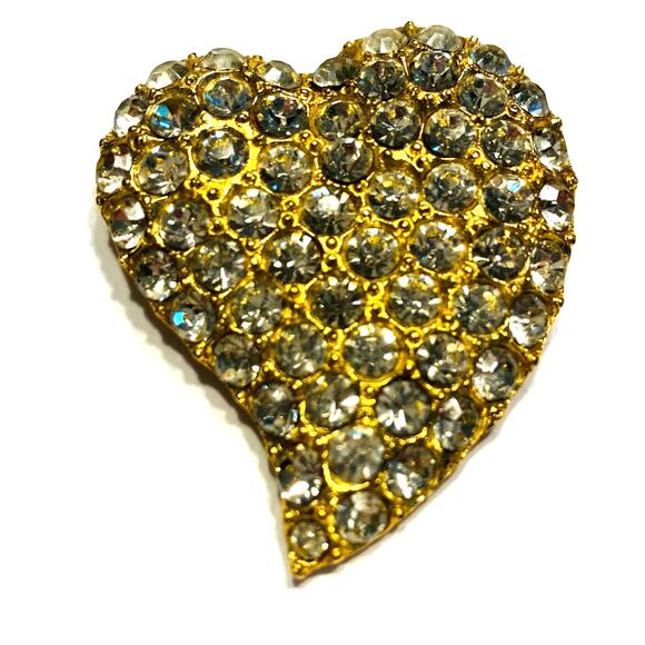 TARA Gold Heart Brooch Covered in Clear White Rhinestones Romantic Statement - Picture 3 of 6